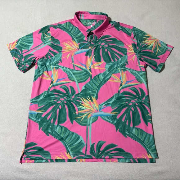 Chubbies Polo Shirt Mens 2XL Pink Tropical Hawaiian Floral Stretch Palm Golf - Picture 1 of 8